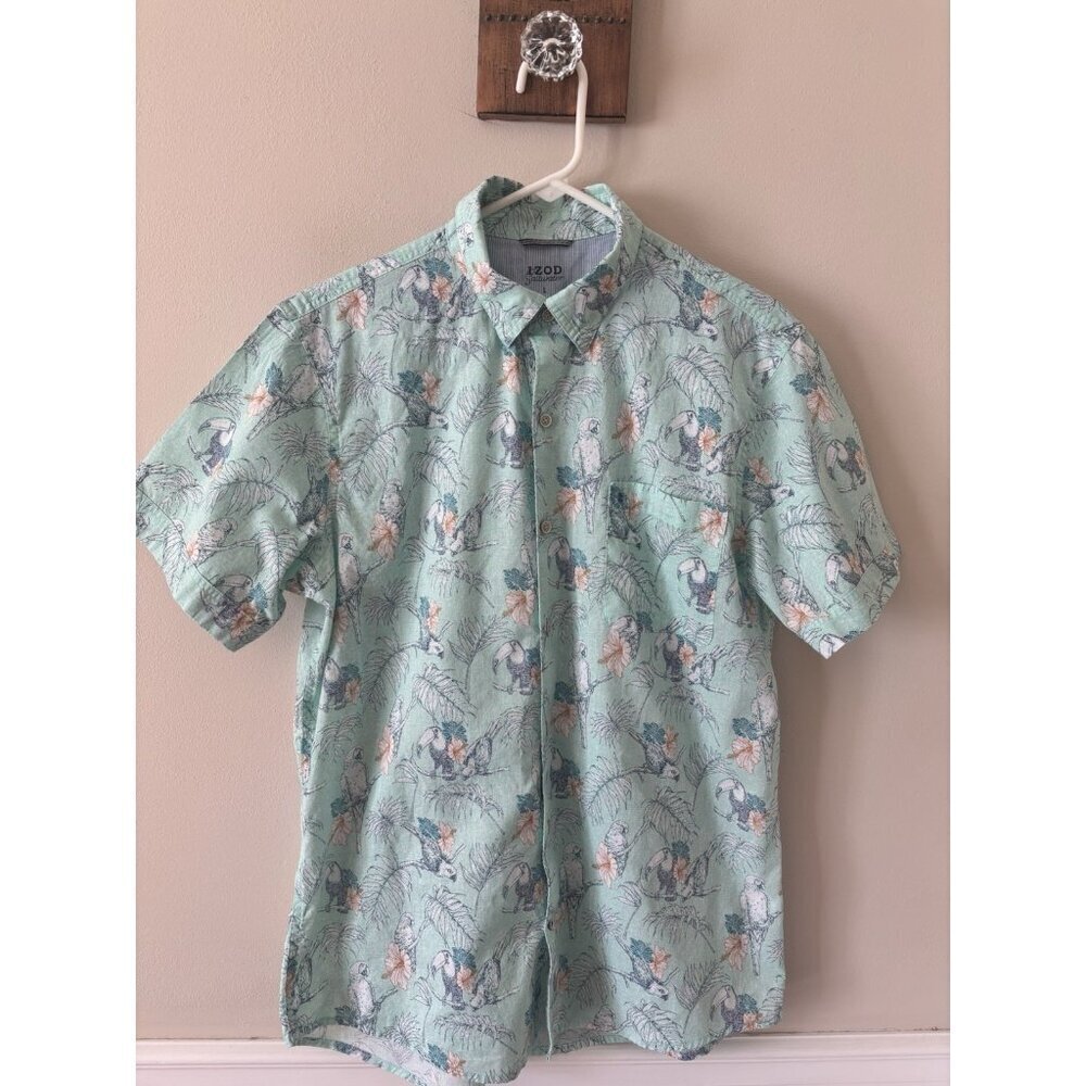 Izod Saltwater Mens Size Large Green Short Sleeve Shirt Parrot Toucan Birds